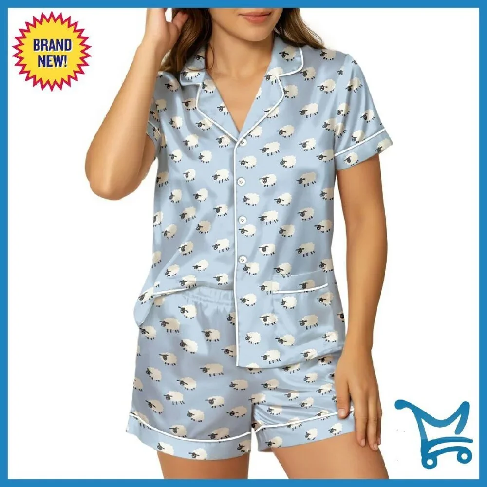 Women's Silk Satin Pajama Set Short Sleeve Button Down 2 Piece PJs Cozy